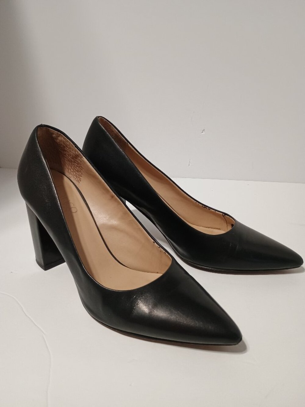 Franco Sarto Black Leather Pointed Toe Block Heel Pumps Women's US 9.5M Classic